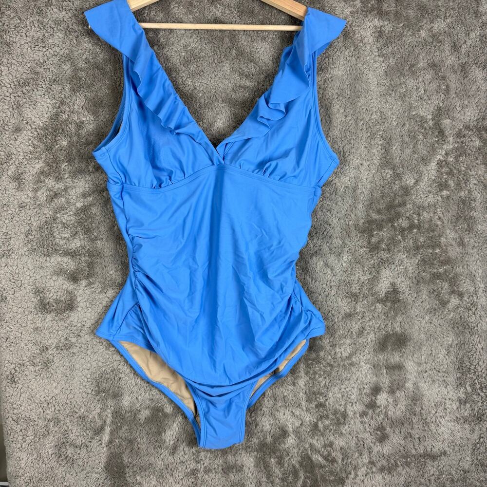 Kona Sol Blue Swimsuit Ruffle One Piece V Neck Ruched XL Long Torso Tall XLT